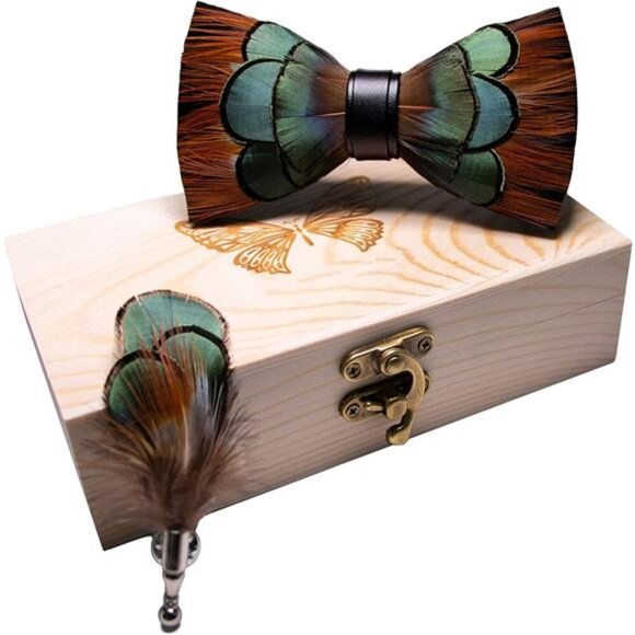 Handmade Feather Pre-tied Bow tie Brown Green - Picture 1 of 4